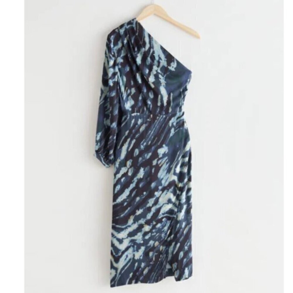 & Other Stories One Sleeve Asymmetrical Blue Midi Dress Size 0